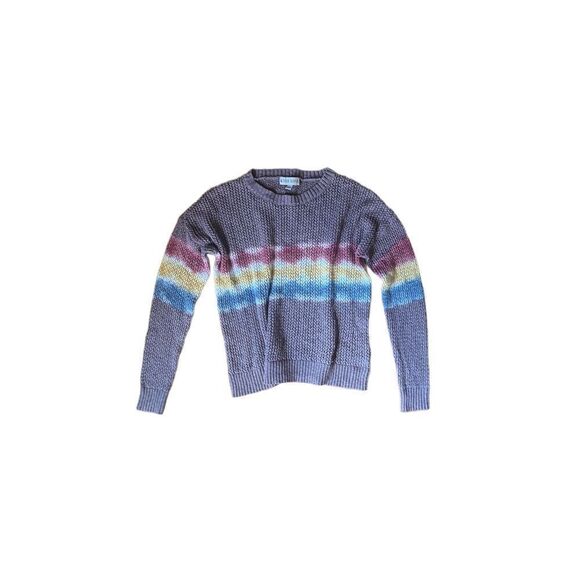 KNOX ROSE LIGHTWEIGHT OPEN KNIT COTTON SWEATER RAINBOW TIE-DYE STRIPED CREWNECK - Picture 2 of 15